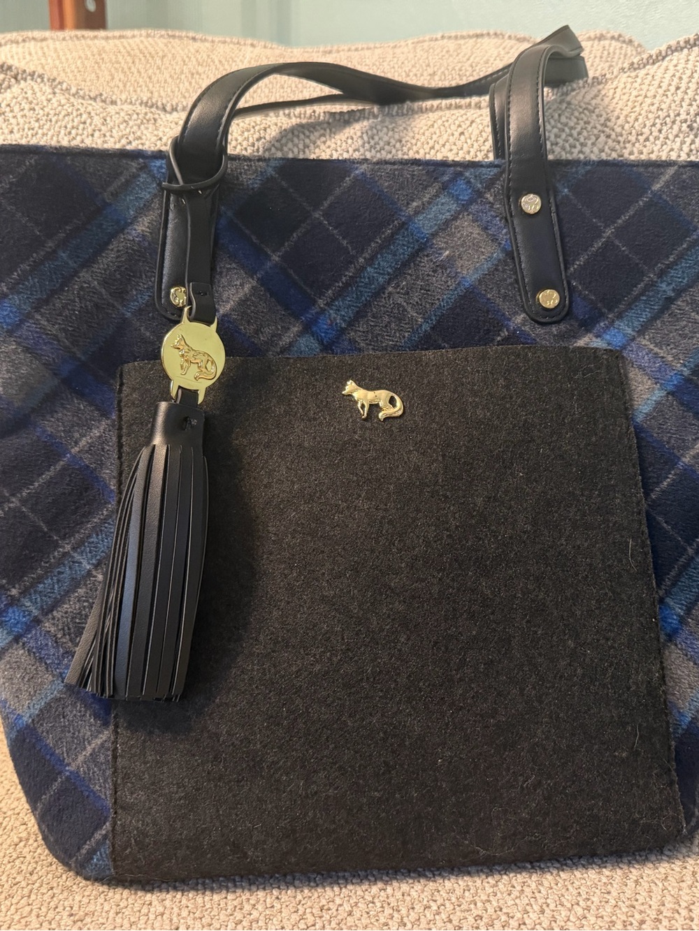 Emma Fox Black and Blue Plaid Wool Tote with Tassel